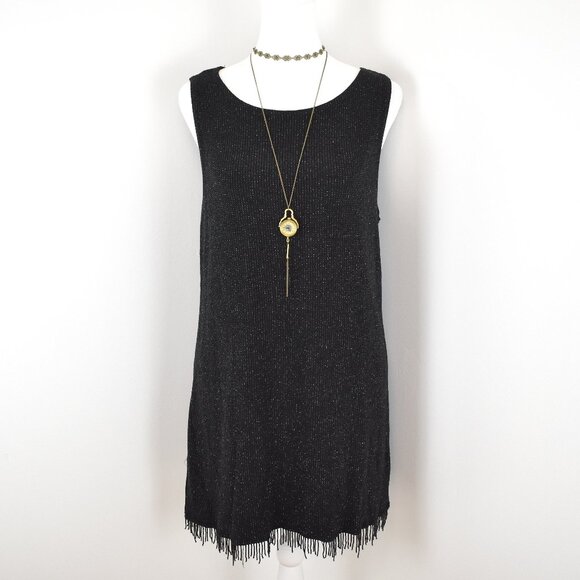 VTG 90s Y2K Flapper Ronni Nicole Black Glitter Beaded Mini Shift Dress Sz 10 - Picture 2 of 7